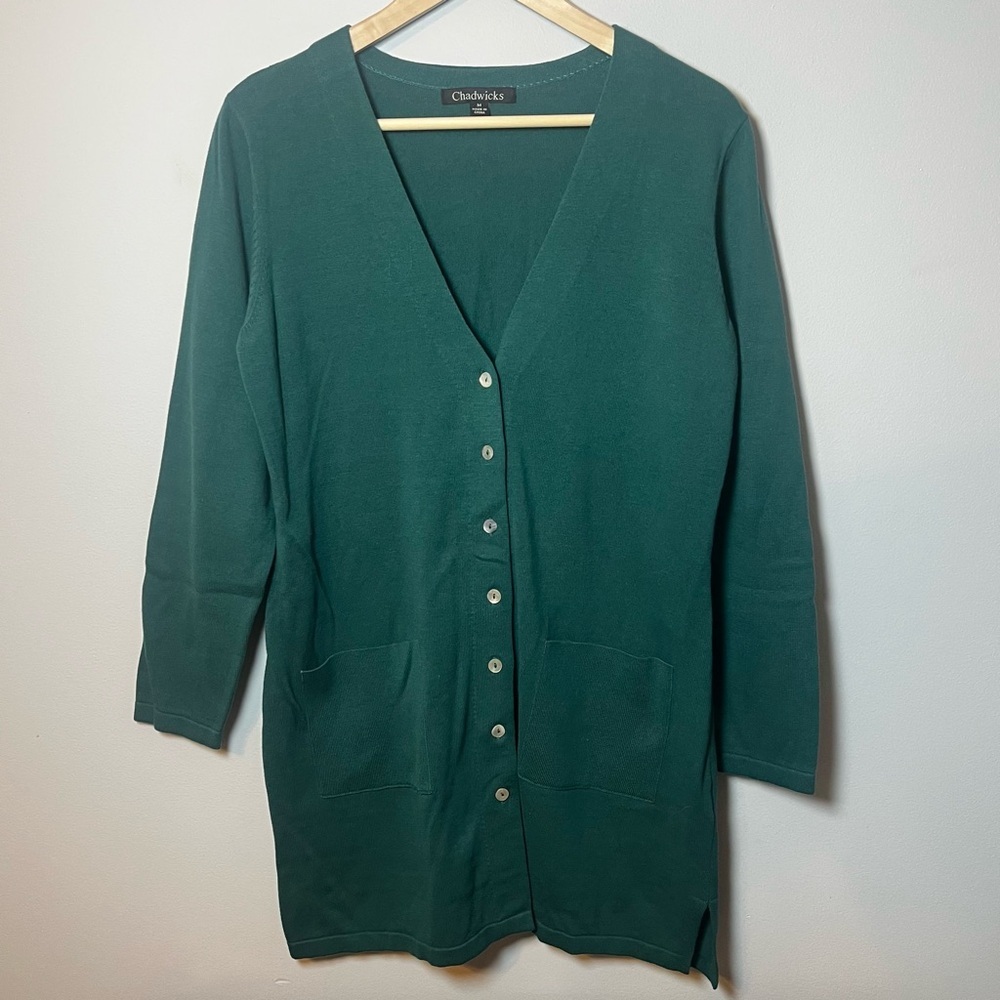 Chadwicks Long Cotton Boyfriend Cardigan Women’s M Emerald Green V-neck Sweater